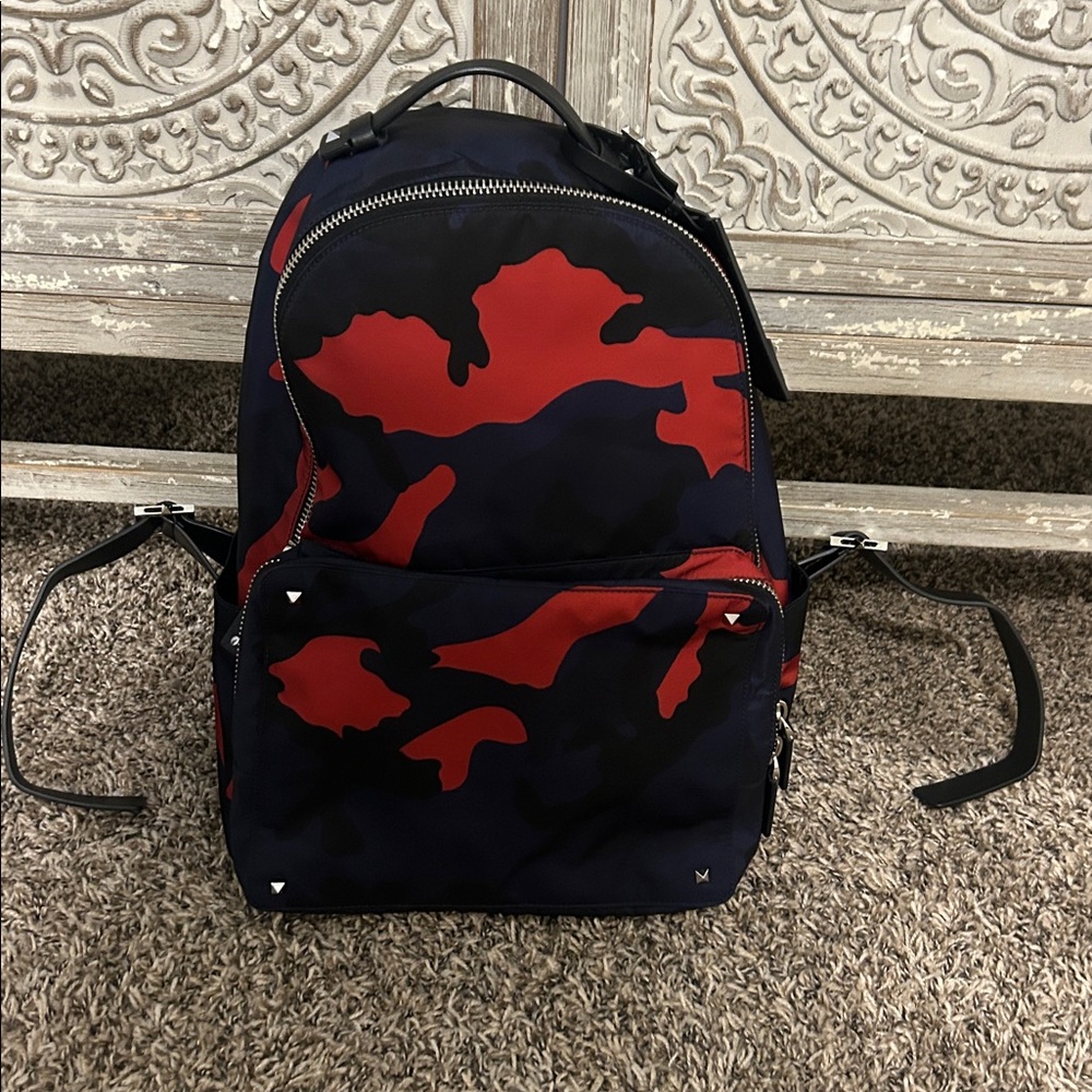 Valentino Garavani Red, Navy Blue, and Black Camouflage Backpack